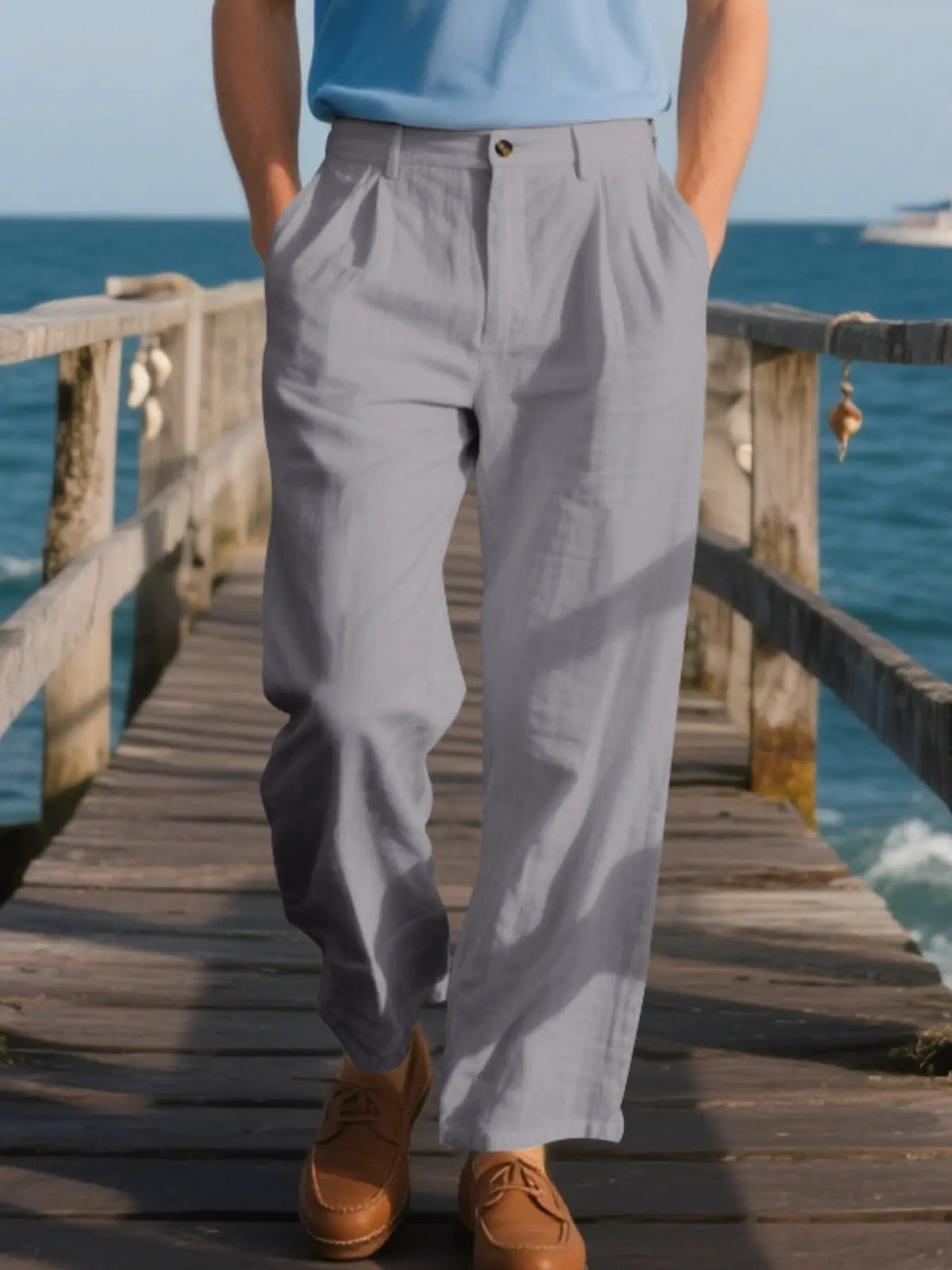 Men's Pleated Linen Breathable Straight Leg, Single Button Front, Loose Fit, Relaxed Fit, Beach Vacation, Business, Solid Color, Multicolor, Button Front Trousers