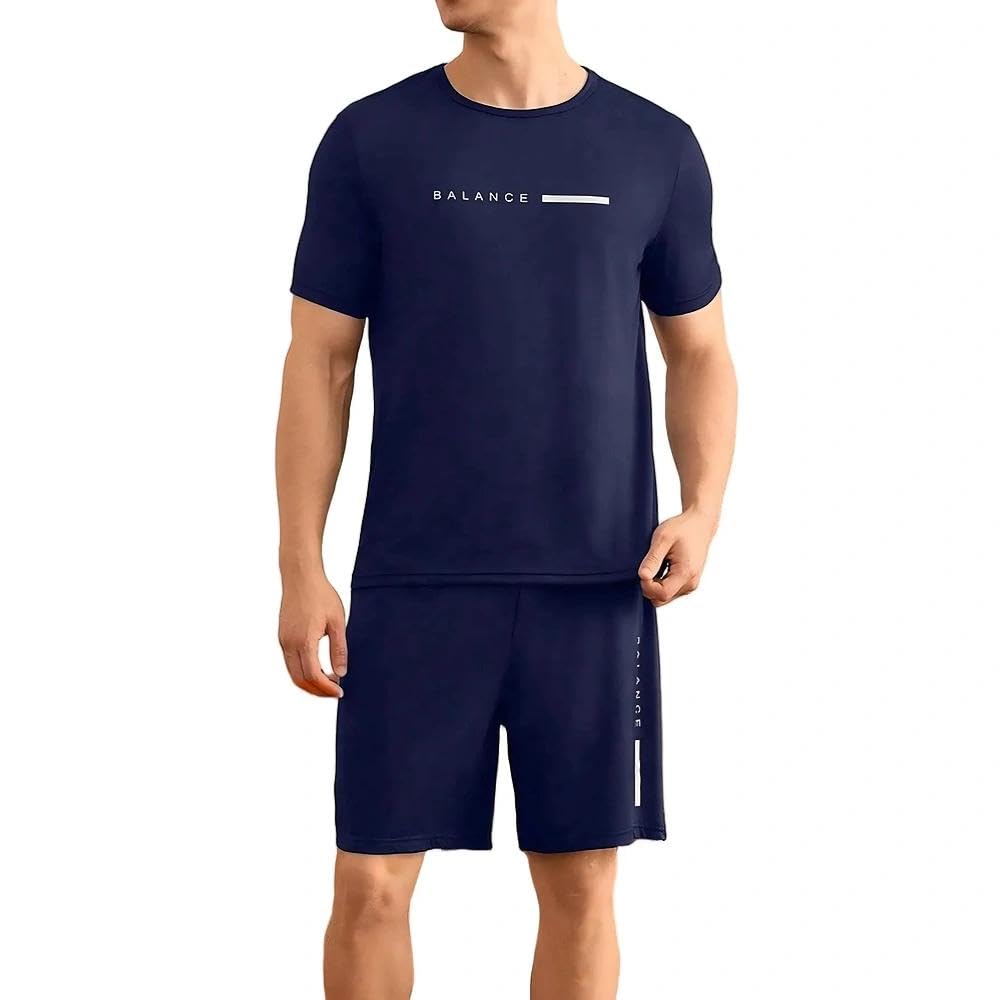 2 Piece Men T Shirt Lounge Set Short Sleeve Crew Neck Men and Matching Shorts Casual Home Wear Relaxed Fit Daily Sleep Set
