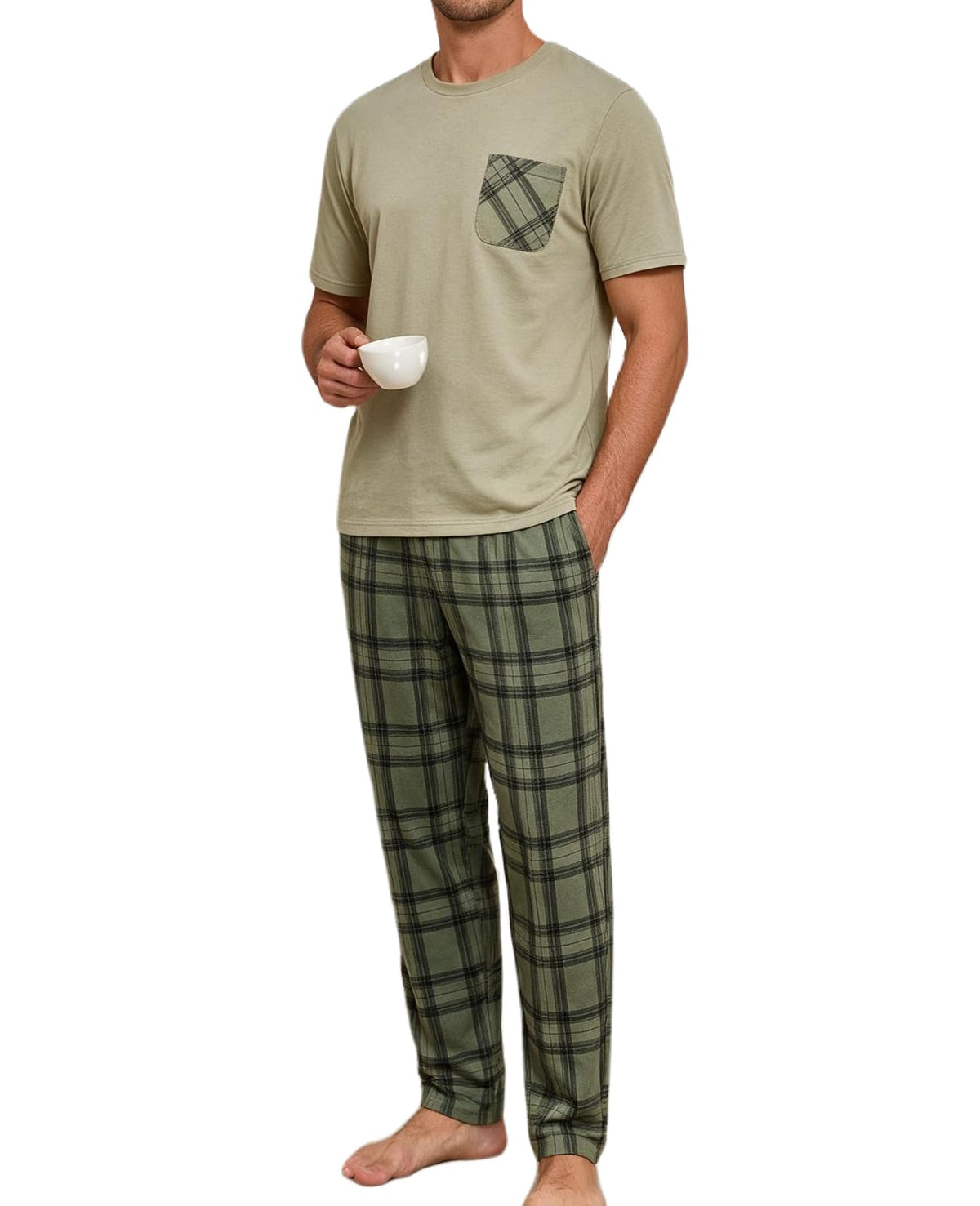 Mens Pajama Set Summer Sleepwear Short Sleeve Loungewear Lightweight Soft Nightwear Shirts Plaid Pants Pockets