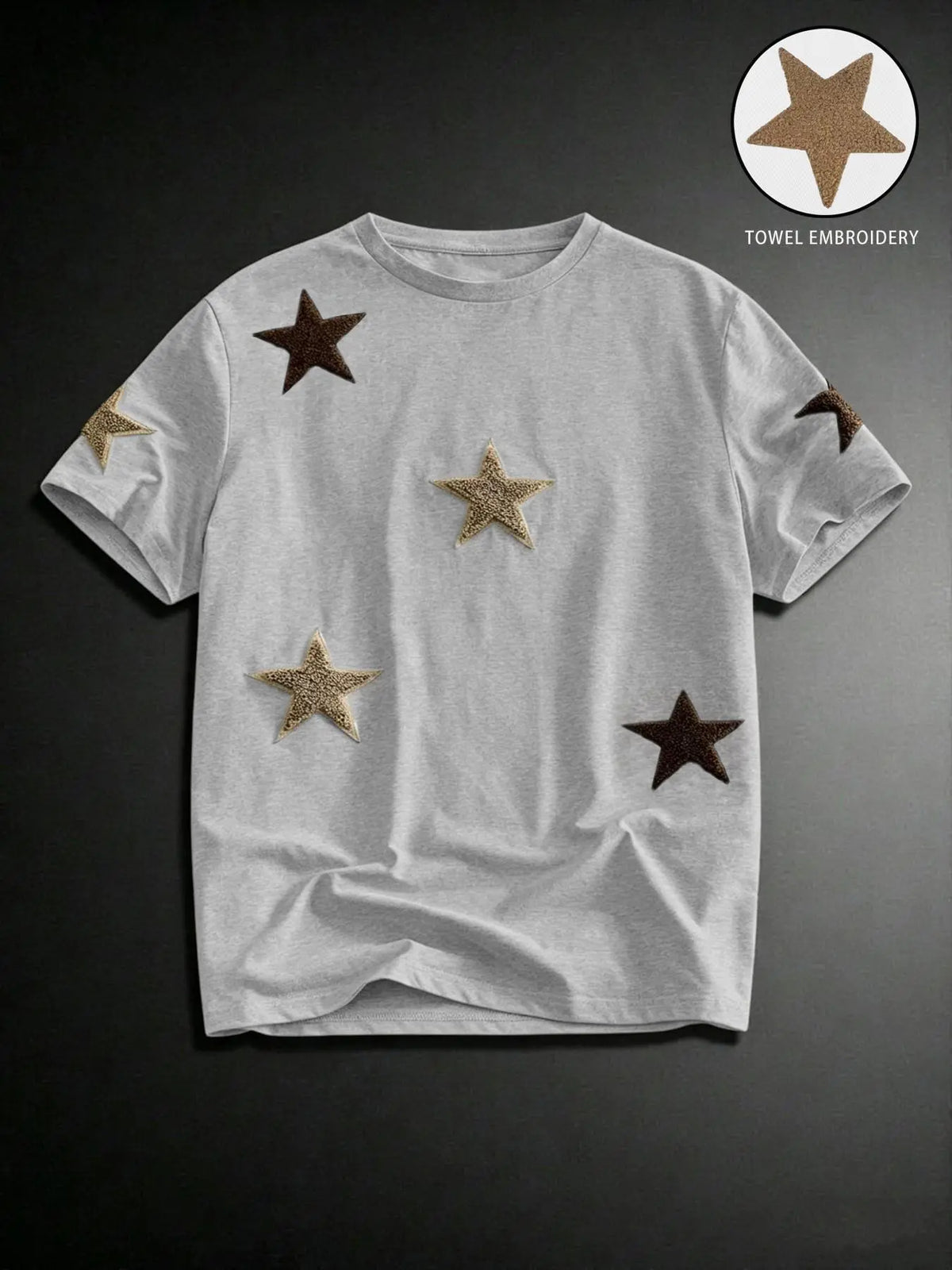 Men's Street Style Star Chenille Embroidery Patch Textured Short Sleeve T-Shirt, Casual Daily Wear, Anniversary Gift, Streetwear Menswear