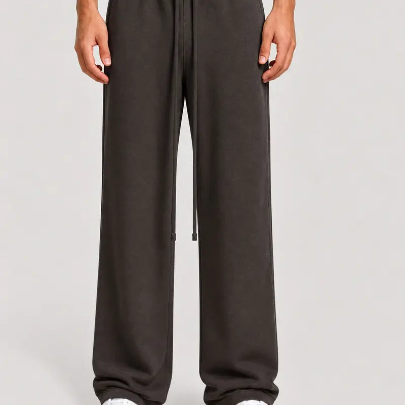 Men's Open Hem Black Sweatpants - Elastic Waist, Sporty Chic Style, Clean Design, Unisex Casual Streetwear Loungewear Bottoms