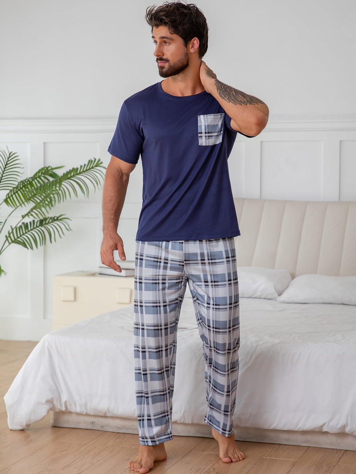 Men's Short Sleeve Pajama Set, Navy Solid T-Shirt & White Plaid Pants