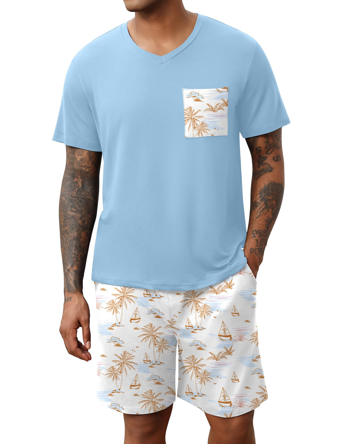 Ekouaer Mens Pajamas Set Soft Lounge Set V Neck Sleep Nightwear Short Sleeve Pjs with Pocket S-XXL
