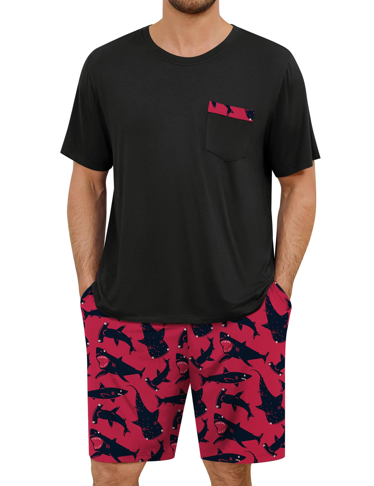 SWOMOG Mens Pajama Set Short Sleeve Pjs Set Soft Comfy Sleepwear Summer 2 Piece Loungewear Print With Pocket S-XXL