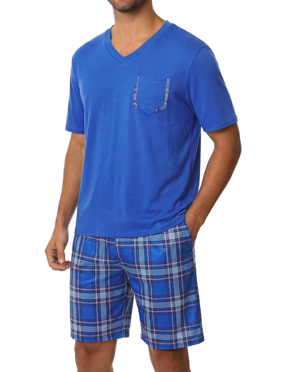 Sykooria Mens Cotton Pajamas Set 2 Piece Soft Sleepwear Short Sleeve Top & Plaid Shorts With Pockets