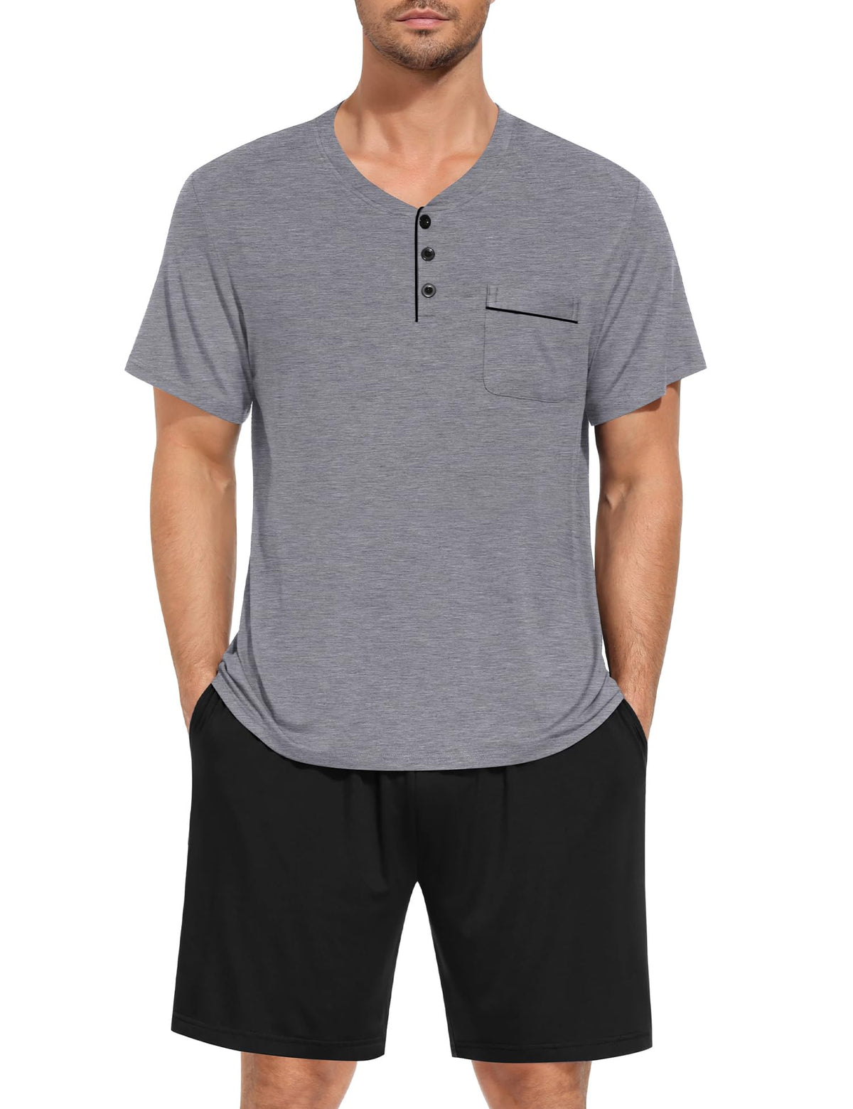 SWOMOG Mens Pajama Set Summer Pjs Sleepwear 2 Piece Loungewear Soft Short Sleeve Sleep Set With Pocket Comfy Nightwear