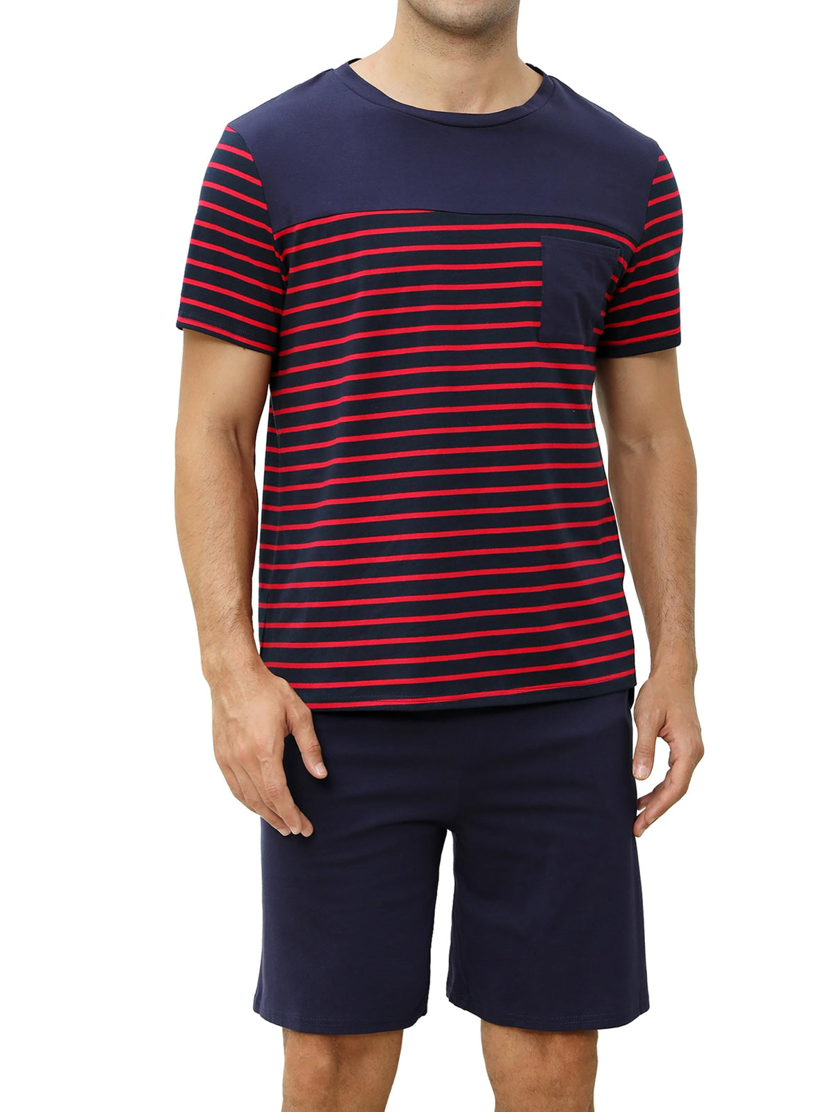 Men's Pajama Set Cotton Pajamas Striped Short Sleeve & Shorts Pjs Sets Sleepwear Summer Lounge Set with Pockets