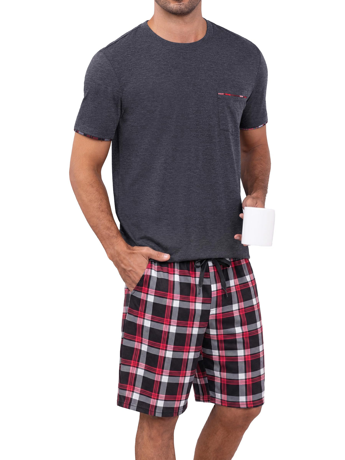 RQP Men's Pajama Sets Soft 2 Piece Pj's Set Short Sleeve Cotton Top and Plaid Pants for Loungewear Sleepwear with Pockets