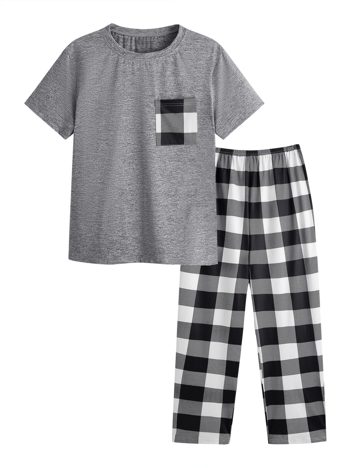 Verdusa Men's 2 Piece Loungewear Pajama Set Plaid Print Short Sleeve Tee Top and Pants Set