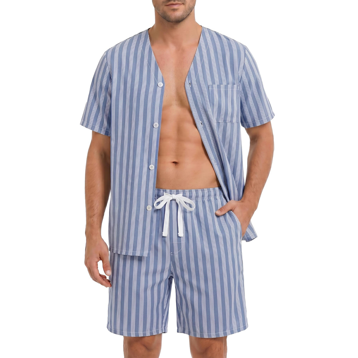 Vulcanodon Mens Striped Pajama Set, Lightweight Short Sleeve Summer Pjs