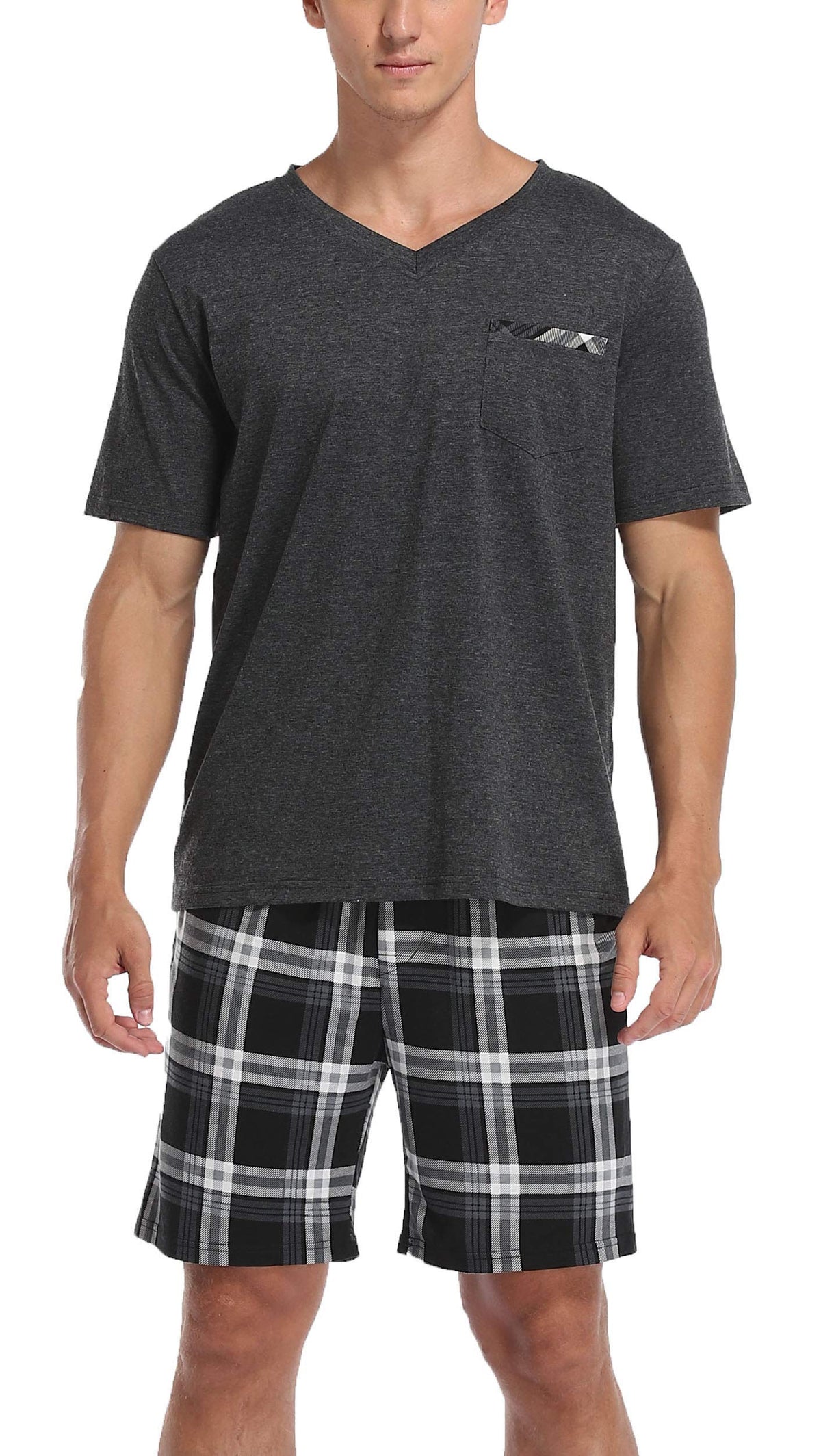 Vlazom Men's Pajama Sets Soft 2 Piece Pj's Set Short Sleeve Cotton Top and Plaid Pants for Loungewear Sleepwear with Pockets