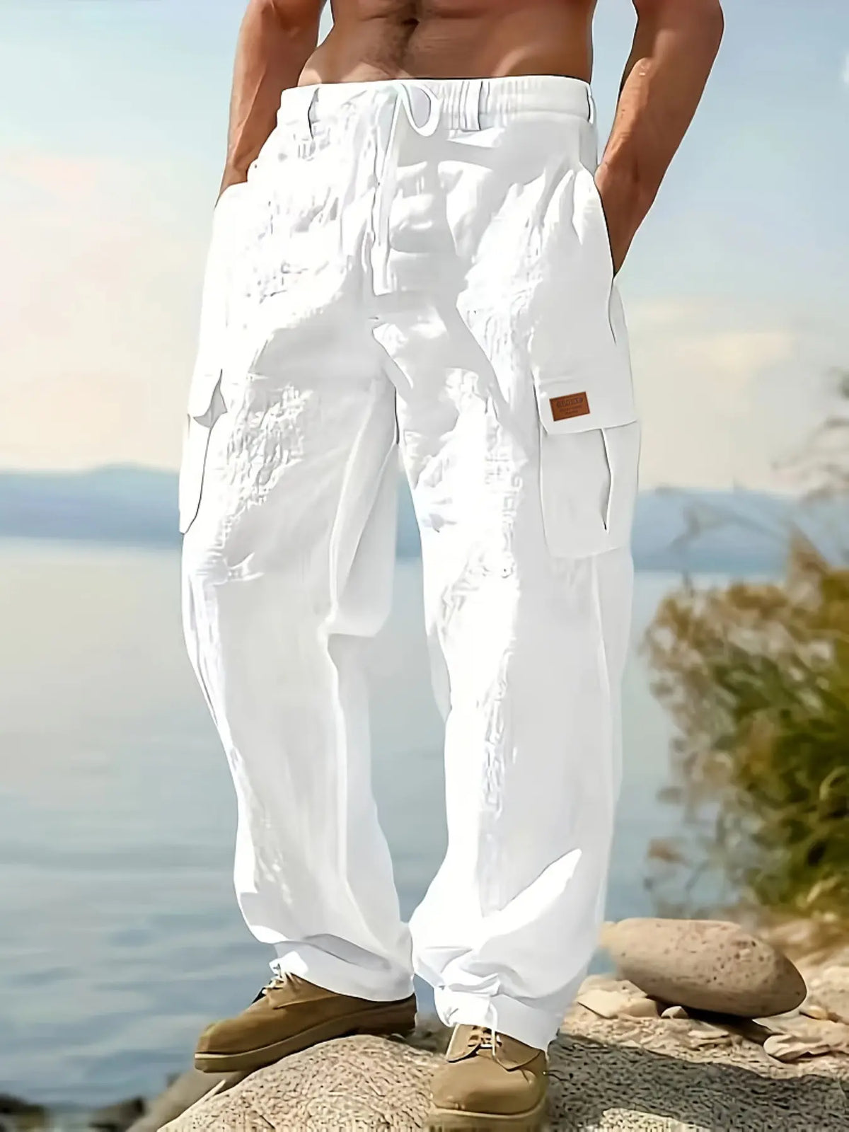 Men's Workwear Classic Linen Pants, Drawstring Multi-Pocket Straight Leg, Breathable Plain Casual Pants for Spring & Fall, Outdoor Beach Wear