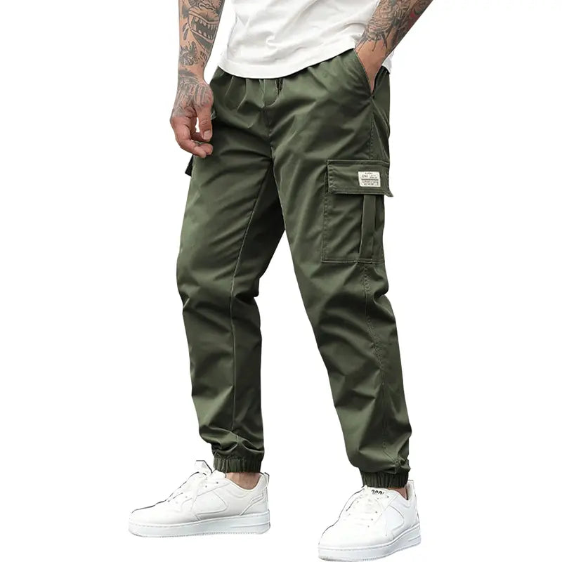 Men's Elastic Waist Tactical Cargo Pants - Multi-Pocket Utility, Fitted Cut, Stylish Solid Design, Work-to-Outdoor Outdoor-Ready Gear for Workwear & Activities