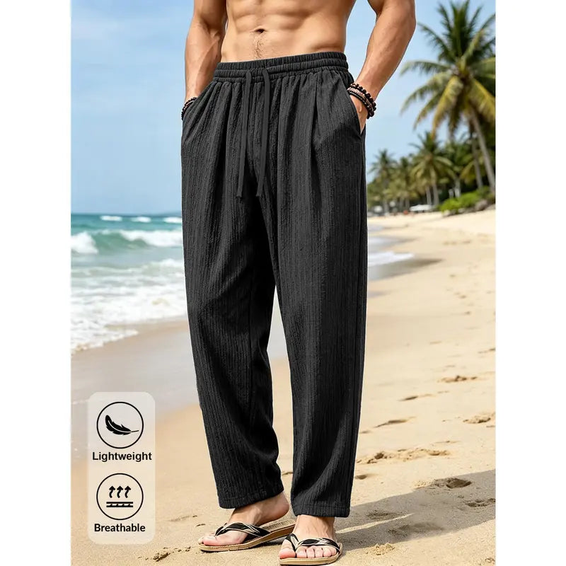 Menswear Straight Loose Casual Beachy Ankle Pants - Quick-Dry Polyester, Elastic Drawstring High Waist, Relaxed Fit, Lightweight Breathable Textured Look, Wrinkle-Free, Side Pockets for Summer Vacation, Travel, M