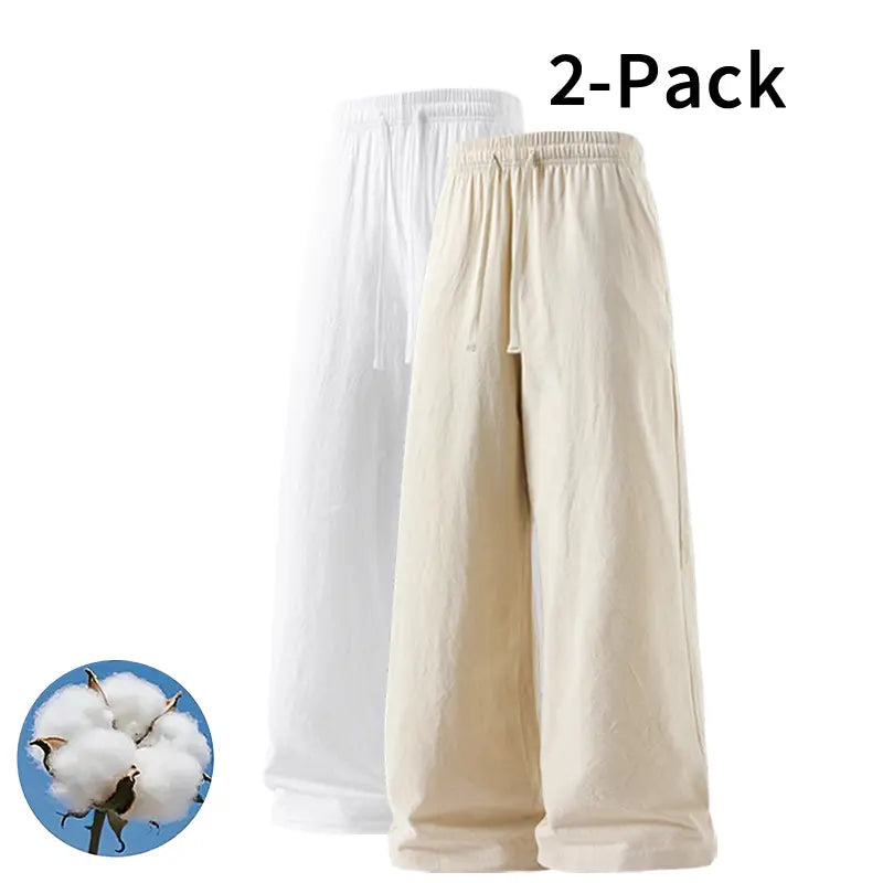 Men's Minimalist Cotton Linen Trousers - 4-Pack or Optional 2-Pack, Elastic Waist Drawstring, Wrinkle-Resistant, Casual Menswear Clothes Perfect for Layering, Fashion Apparel