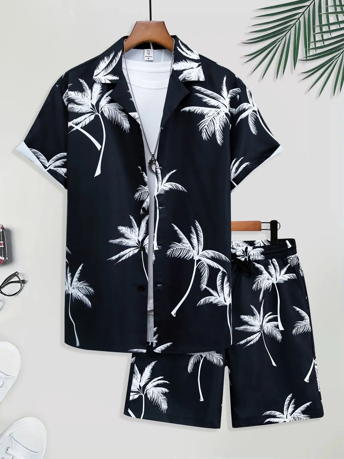 Men's White & Black Tropical Palm Tree Print Loungewear Set, Pajama Set, Pjs, Lounge Sets - Short-Sleeve Button-Up Shirt (Rolled Cuffs) + Drawstring Shorts, Ultra-Soft Smooth Fabric, Relaxed Oversized Fit, Perfect for At-Home Lounging, Pyjamas