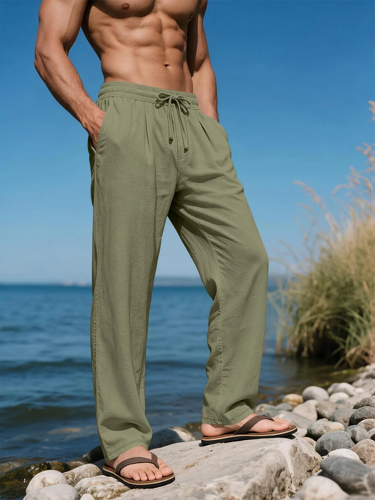 Men's Linen Long Plain Casual Drawstring Waist Trousers Pants, Breathable Tropical Summer Wear, Perfect for Beach, Travel and Commute, Fashionable Bottoms for Men, Casual Comfy Trousers