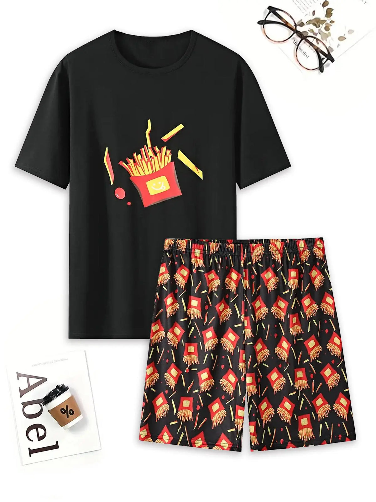 Men's Graphic Tee & All Over Print Elastic Waist Shorts Casual Comfy Loungewear Two-Piece Set, Shorts Lounge Outfit, Regular Fit Round Neck Short Sleeve T-Shirt & Shorts PJ Set, Men's Sleepwear for Summer, Pajamas