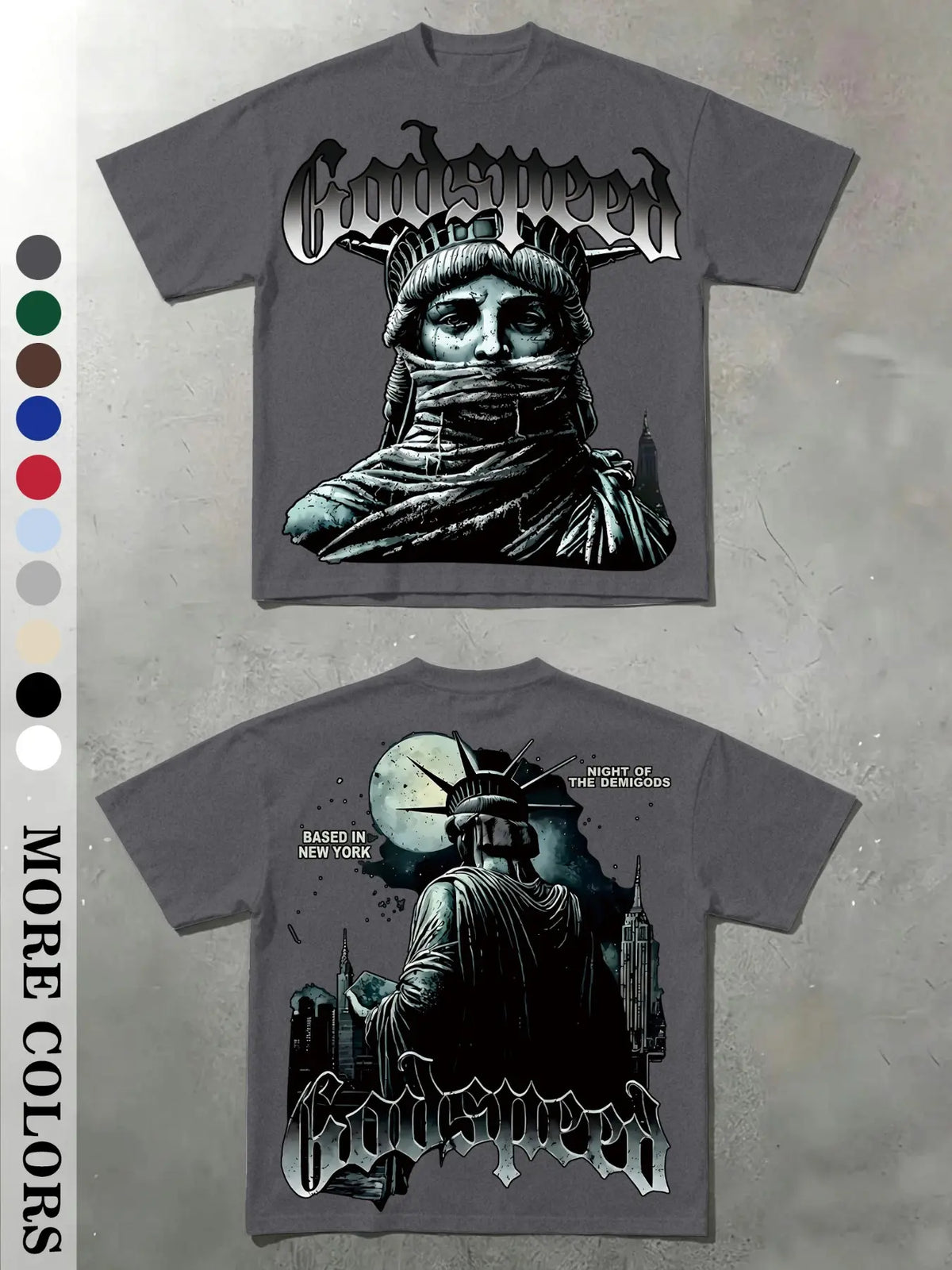 Men's Vintage Masked Statue of Liberty Print T-Shirt, Godspeed Gothic Letter, Casual Fitted Long Sleeve, Plain Surface Graphic Design Aesthetic, Streetwear Tops