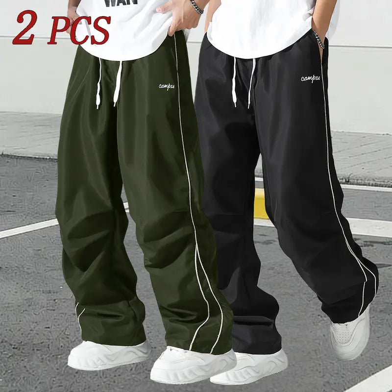 Men's Relaxed Fit Summer Woven Pants - Menswear Sportswear, Lightweight Athletic Fabric, Straight Leg with White Side Stripes, Non-Stretch, Machine Washable 100% Polyester Outdoor Trousers#SummerVibes