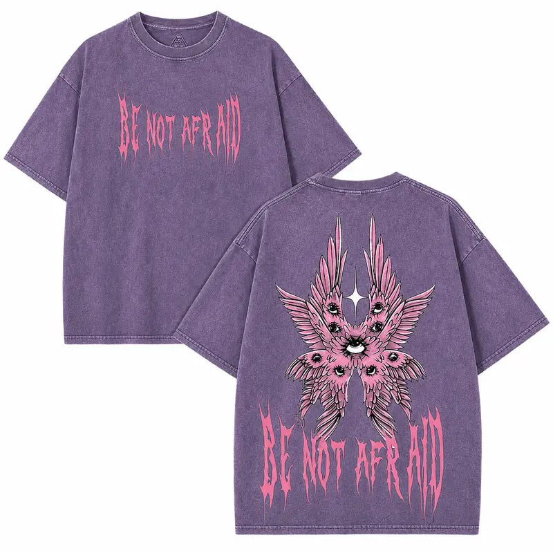 Men's Gothic Unisex 100% Cotton Short-Sleeve Loose-Fit T-Shirt - 'Be Not Afraid' Wing Print, Distressed Baggy Oversized, Retro Streetwear Attitude, Alt Clothes, Foldable Tee, Back to School Pick, Shirts for Women