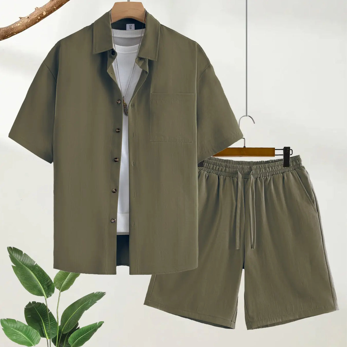 Men's Light Beige 2-Piece Casual Loungewear Set, Nightwear Outfit, Short-Sleeve Lapel Button-Down Shirt with Chest Pocket and Elastic Drawstring Waist Shorts, Breathable Lightweight Fabric, Minimalist Style, At-Home Lounging and Summer Getaways