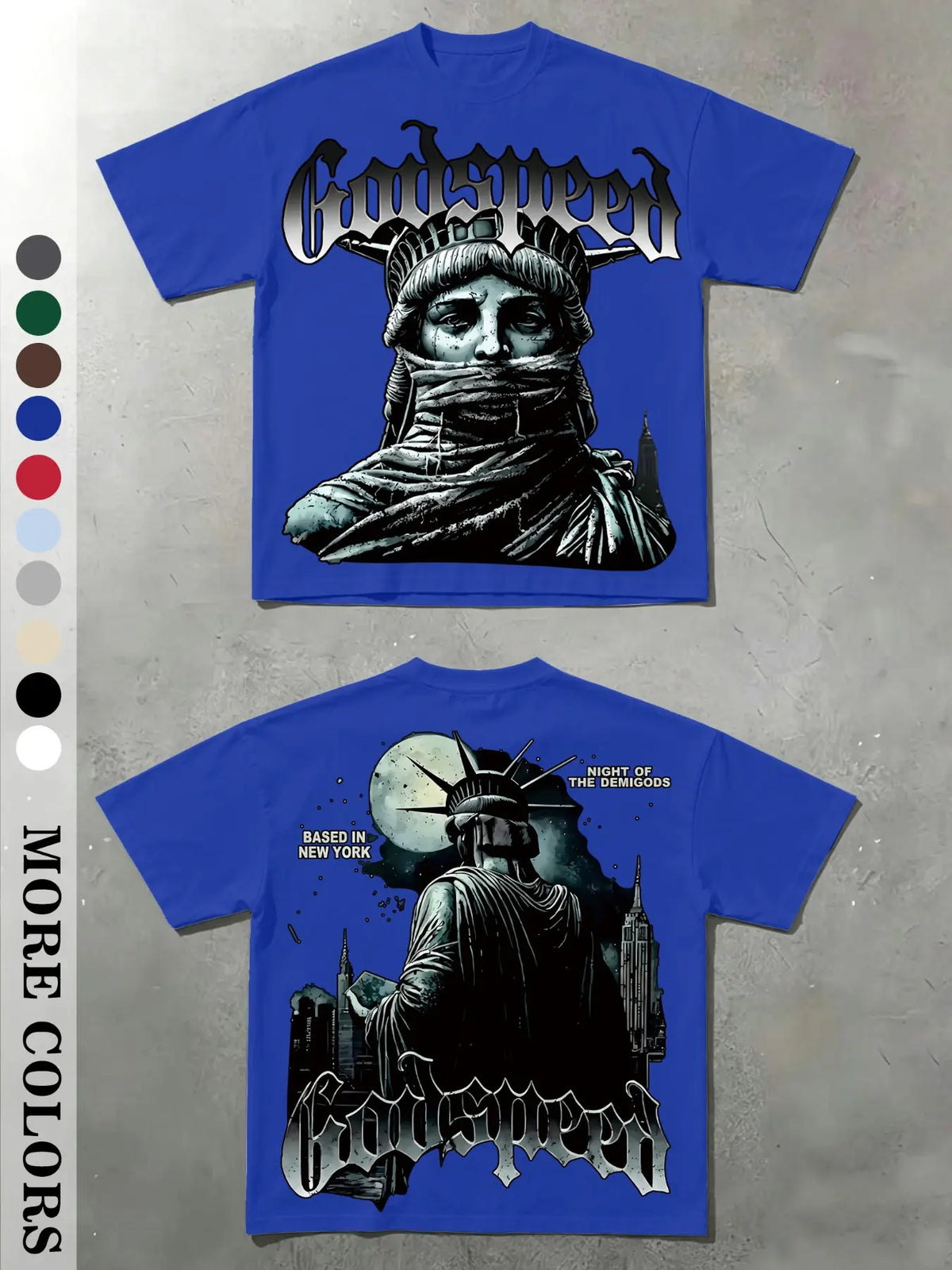 Men's Vintage Masked Statue of Liberty Print T-Shirt, Godspeed Gothic Letter, Casual Fitted Long Sleeve, Plain Surface Graphic Design Aesthetic, Streetwear Tops