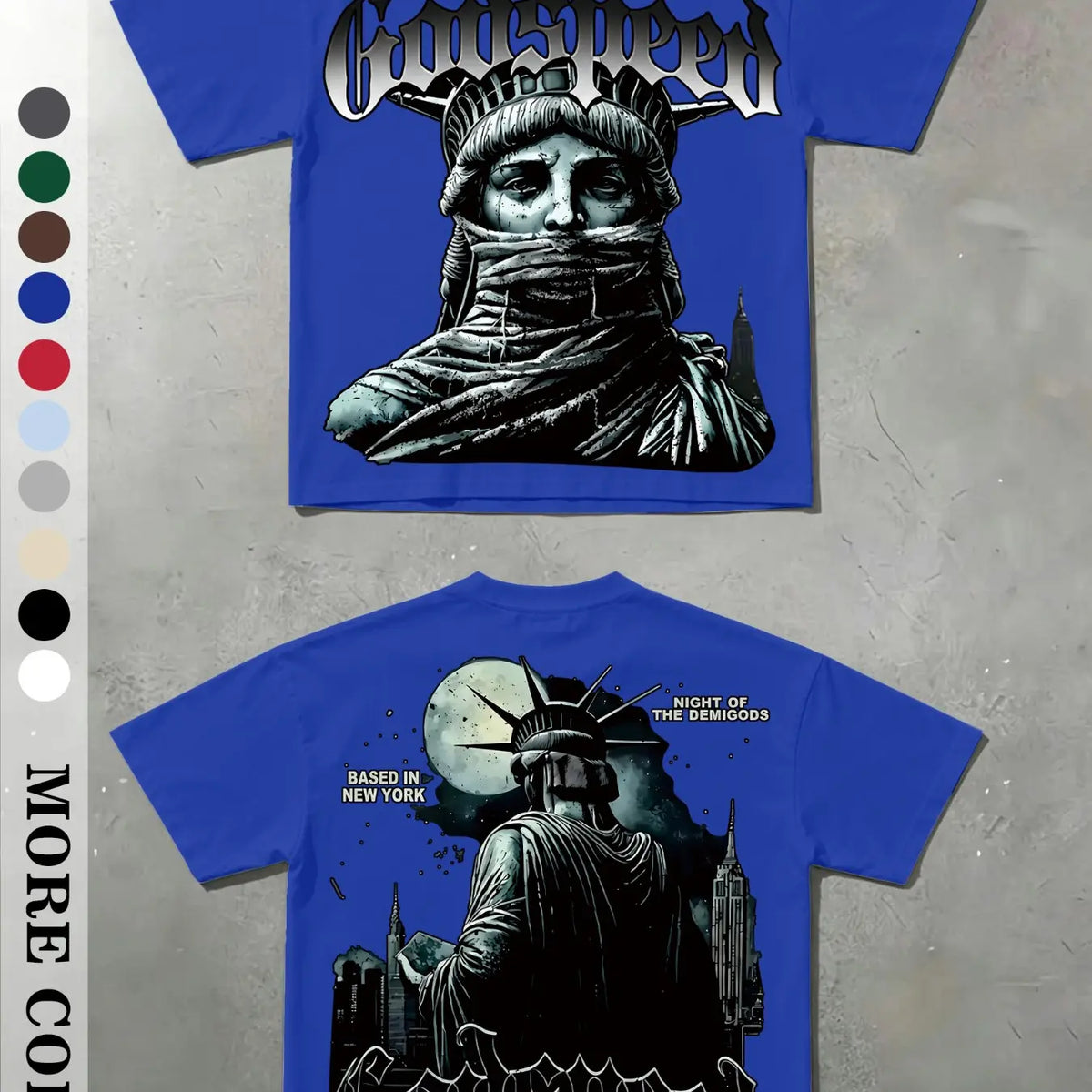 Men's Vintage Masked Statue of Liberty Print T-Shirt, Godspeed Gothic Letter, Casual Fitted Long Sleeve, Plain Surface Graphic Design Aesthetic, Streetwear Tops