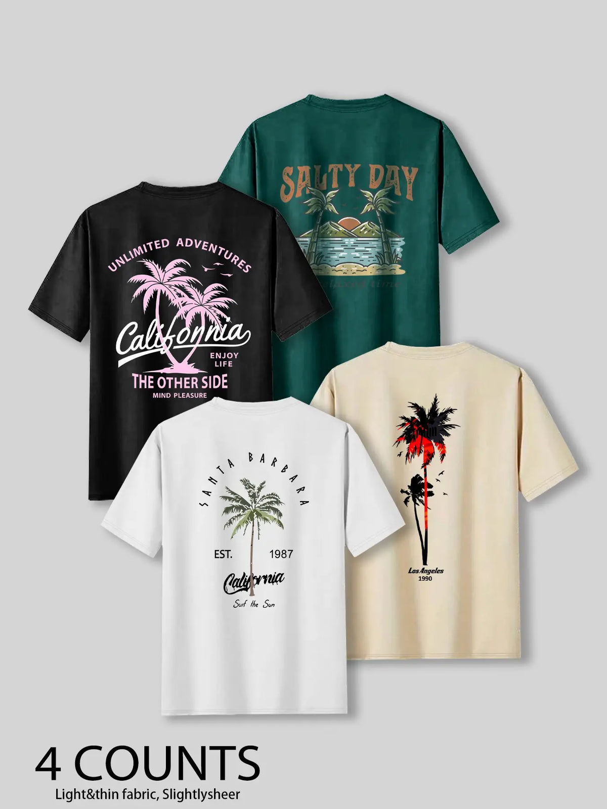 Summer Casual Beach Vibe Style Tropical Coconut Tree Print Top, Unisex Fashion Fitted Casual Graphic Tee T-Shirt Short Sleeve 4-Pack, Comfortable Fit, Perfect for Daily Wear