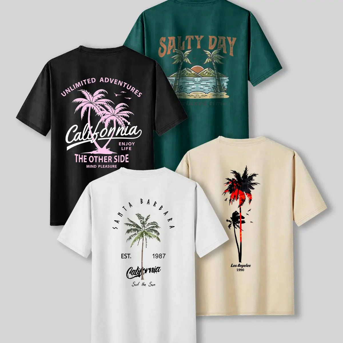 Summer Casual Beach Vibe Style Tropical Coconut Tree Print Top, Unisex Fashion Fitted Casual Graphic Tee T-Shirt Short Sleeve 4-Pack, Comfortable Fit, Perfect for Daily Wear