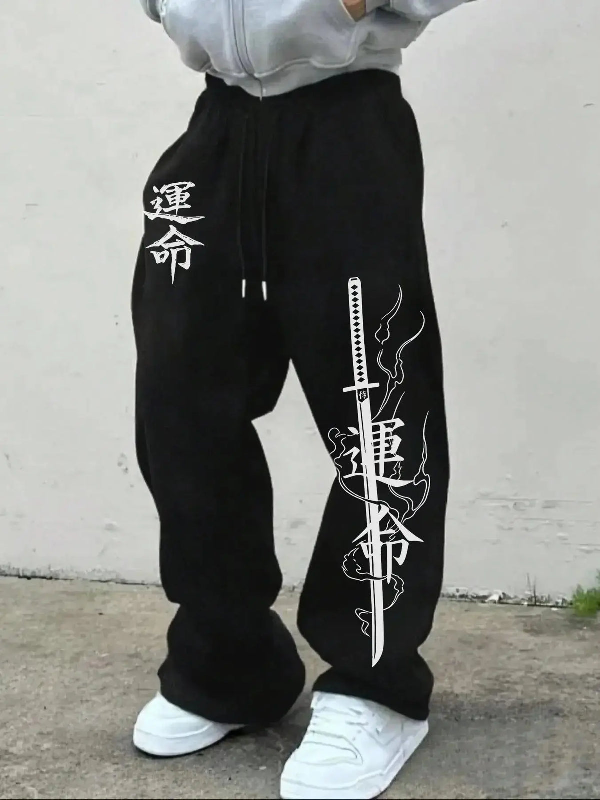 Men's Japanese Unmei Katana Print Wide Leg Sweatpants Bushido Samurai Kanji Baggy Drawstring Joggers Casual Loungewear Pants For Harajuku Street Casual Outfits White Elastic Waist Graphic Loose Fit Baggy Joggers Casual Fit Printed Casual Pants
