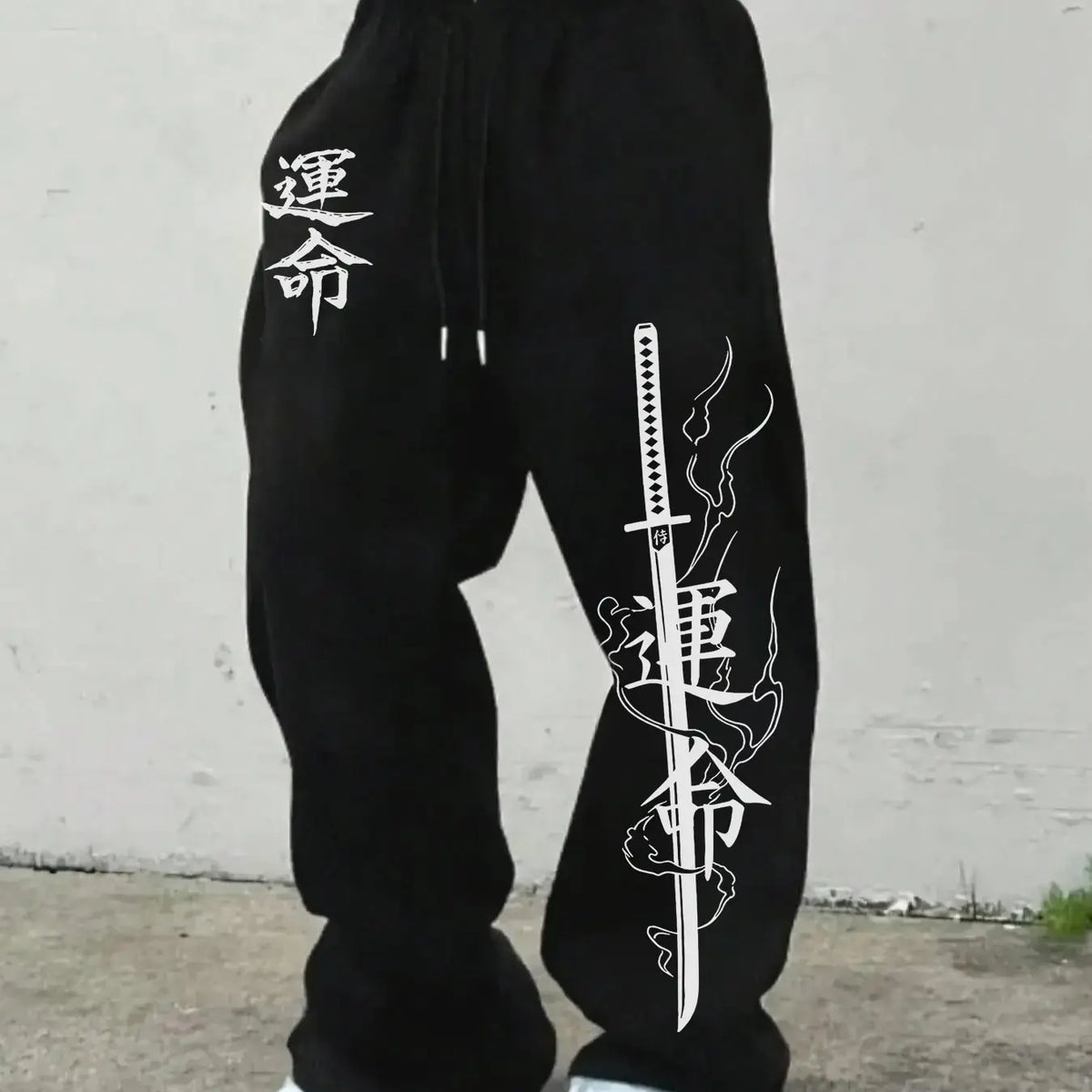 Men's Japanese Unmei Katana Print Wide Leg Sweatpants Bushido Samurai Kanji Baggy Drawstring Joggers Casual Loungewear Pants For Harajuku Street Casual Outfits White Elastic Waist Graphic Loose Fit Baggy Joggers Casual Fit Printed Casual Pants
