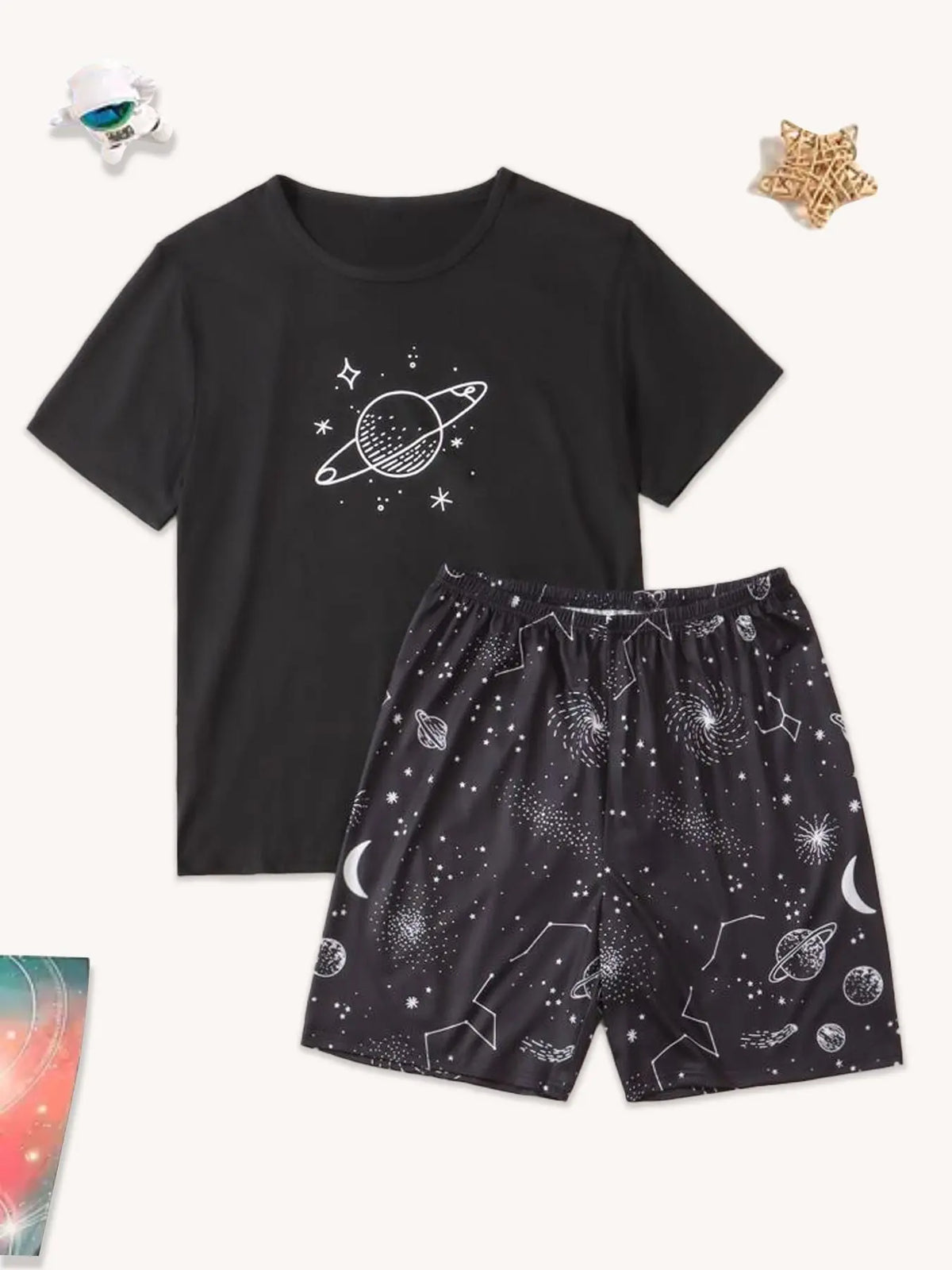Men's Graphic Tee & All Over Print Elastic Waist Shorts Casual Comfy Loungewear Two-Piece Set, Shorts Lounge Outfit, Regular Fit Round Neck Short Sleeve T-Shirt & Shorts PJ Set, Men's Sleepwear for Summer, Pajamas