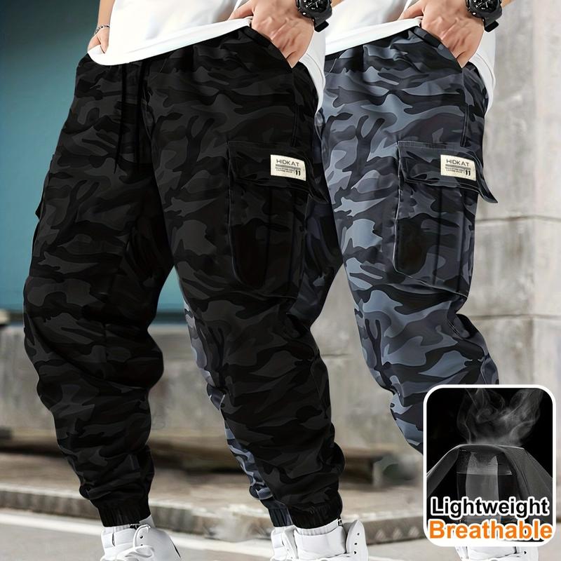 Men’s Retro Woven Camo Print Oversized Military Cargo Pants - 2/3 Pack, Lightweight Breathable, Adjustable Drawstring Waist, Flap Pockets, for Hiking/Casual Summer Menswear Bottoms