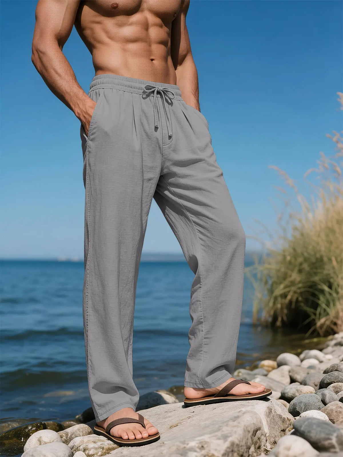 Men's Linen Long Plain Casual Drawstring Waist Trousers Pants, Breathable Tropical Summer Wear, Perfect for Beach, Travel and Commute, Fashionable Bottoms for Men, Casual Comfy Trousers