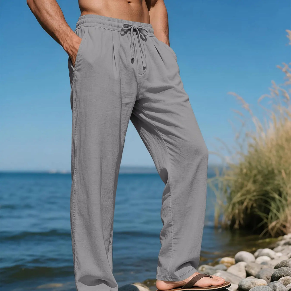 Men's Linen Long Plain Casual Drawstring Waist Trousers Pants, Breathable Tropical Summer Wear, Perfect for Beach, Travel and Commute, Fashionable Bottoms for Men, Casual Comfy Trousers