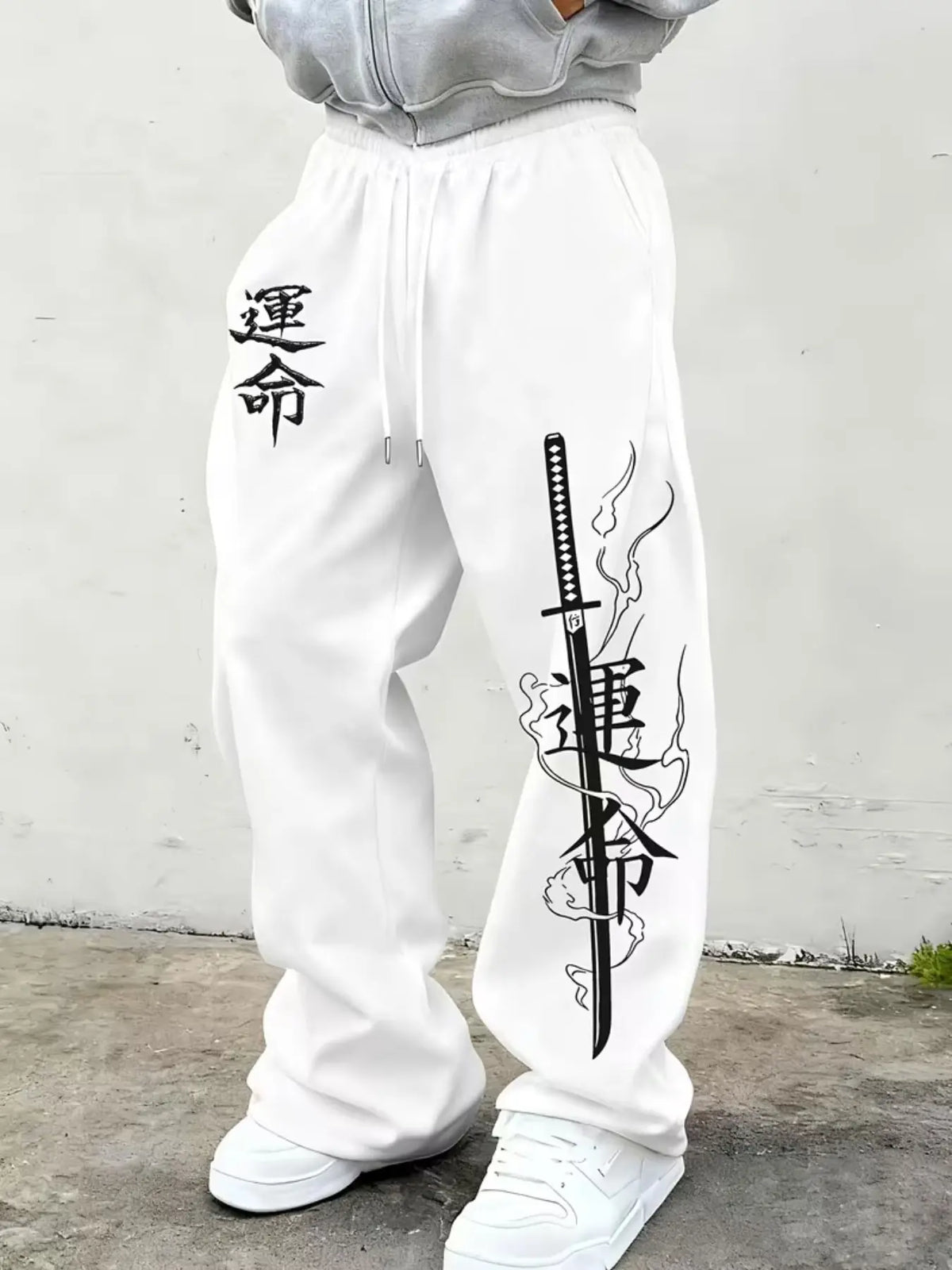 Men's Japanese Unmei Katana Print Wide Leg Sweatpants Bushido Samurai Kanji Baggy Drawstring Joggers Casual Loungewear Pants For Harajuku Street Casual Outfits White Elastic Waist Graphic Loose Fit Baggy Joggers Casual Fit Printed Casual Pants