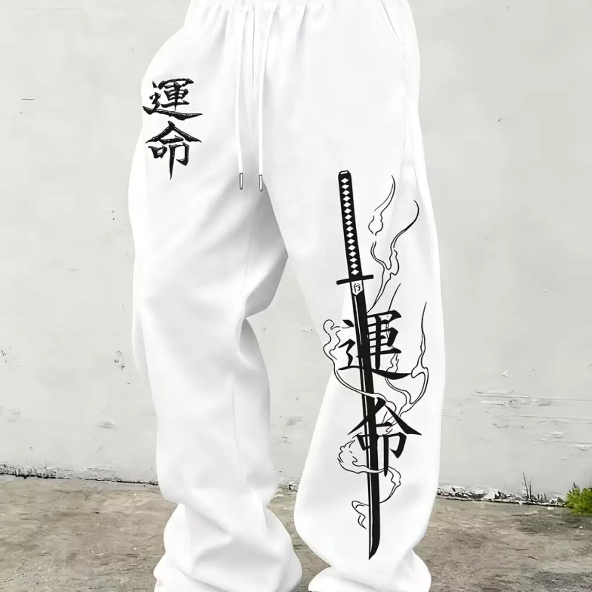Men's Japanese Unmei Katana Print Wide Leg Sweatpants Bushido Samurai Kanji Baggy Drawstring Joggers Casual Loungewear Pants For Harajuku Street Casual Outfits White Elastic Waist Graphic Loose Fit Baggy Joggers Casual Fit Printed Casual Pants