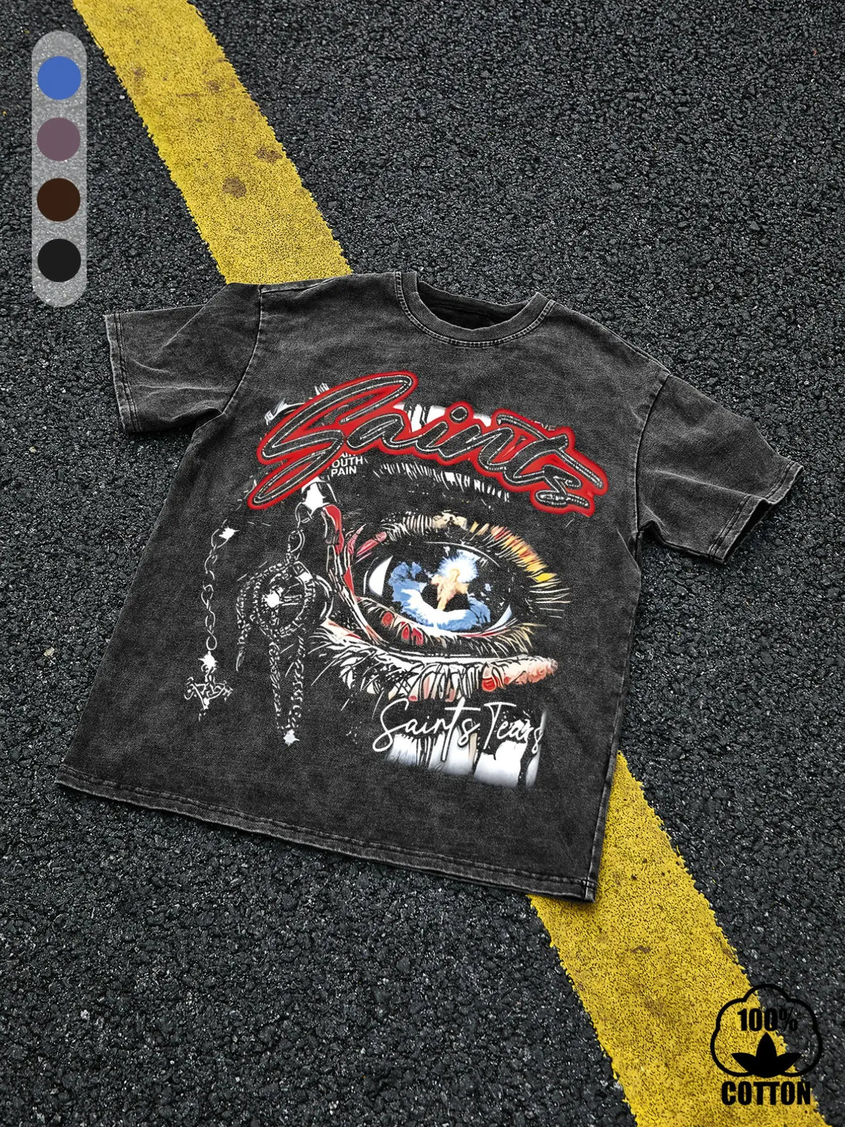 Men's 100% Cotton "Saint Tears" Graphic T-Shirt, Vintage-Wash Loose Fit Eye and Chain Design, Breathable Summer Casual Streetwear Top, Casual Style Tee