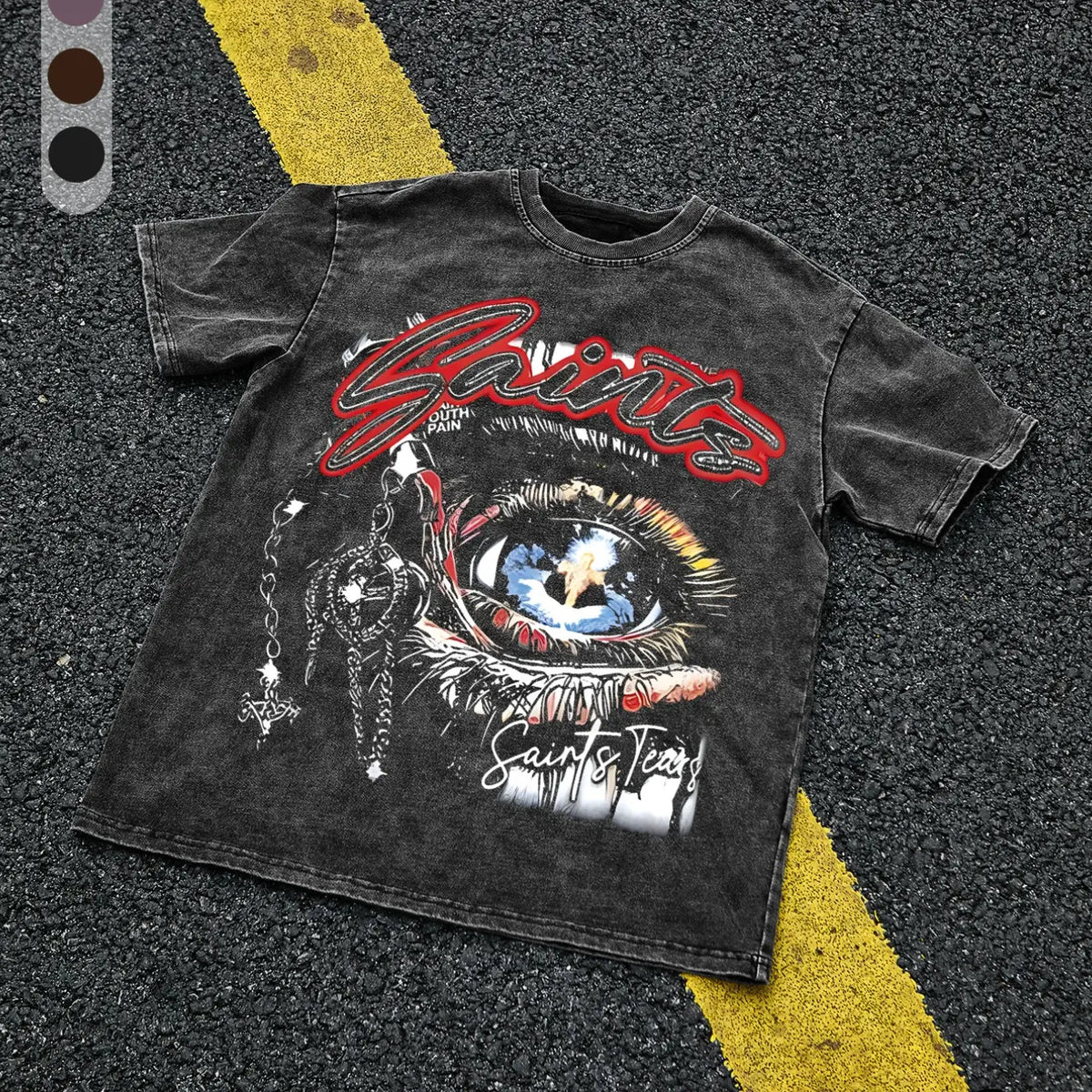 Men's 100% Cotton "Saint Tears" Graphic T-Shirt, Vintage-Wash Loose Fit Eye and Chain Design, Breathable Summer Casual Streetwear Top, Casual Style Tee
