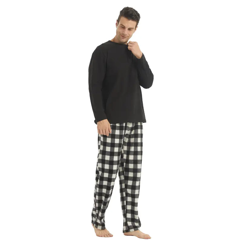 LANBAOSI Menswear Henley 2-Piece Pajama Outfit - Button-Down Long Sleeve Sleep Shirt, Plaid Checked Pants, Soft Cozy Thermal Casual Chic Loungewear for Cool Weather