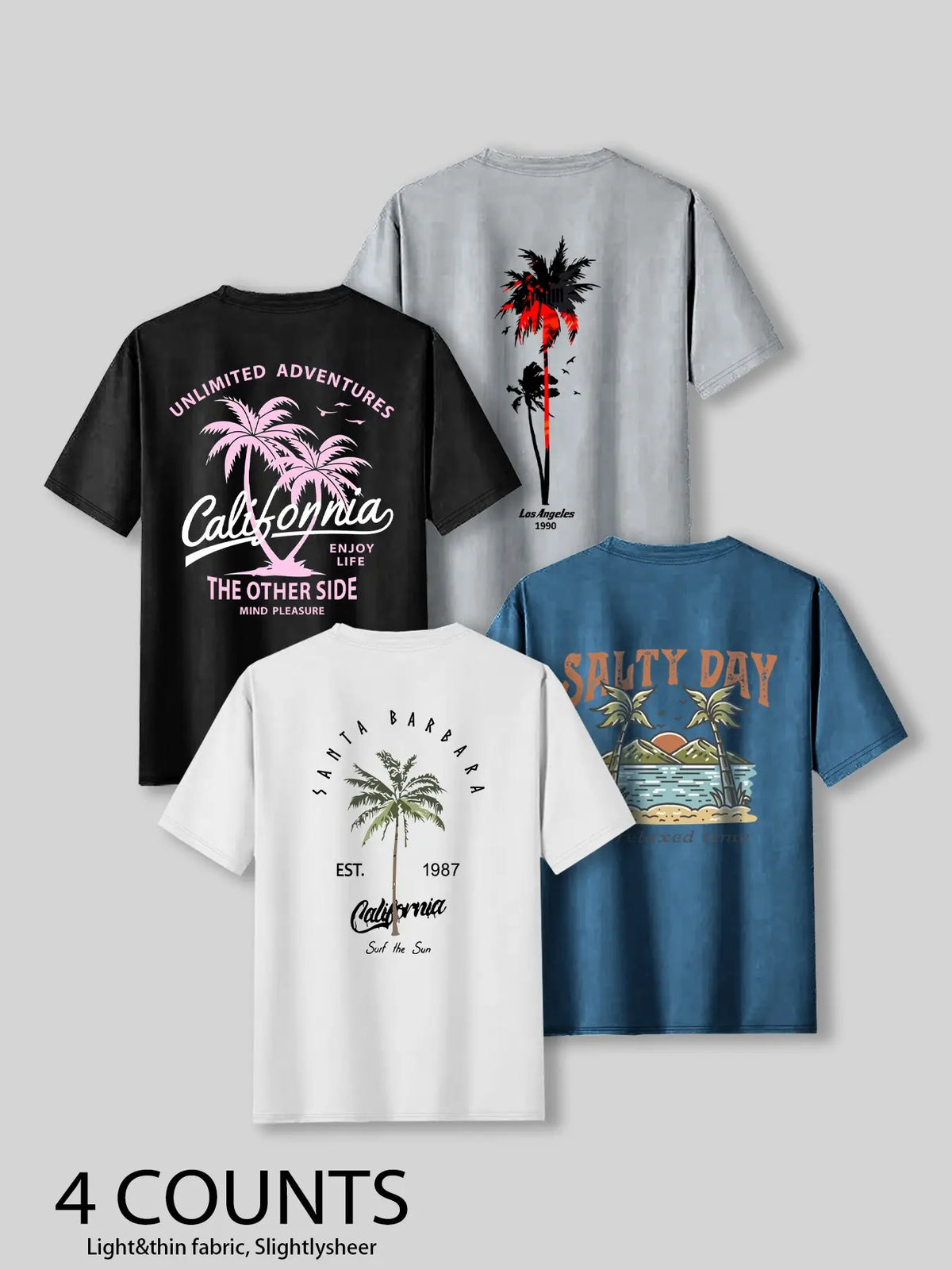 Summer Casual Beach Vibe Style Tropical Coconut Tree Print Top, Unisex Fashion Fitted Casual Graphic Tee T-Shirt Short Sleeve 4-Pack, Comfortable Fit, Perfect for Daily Wear