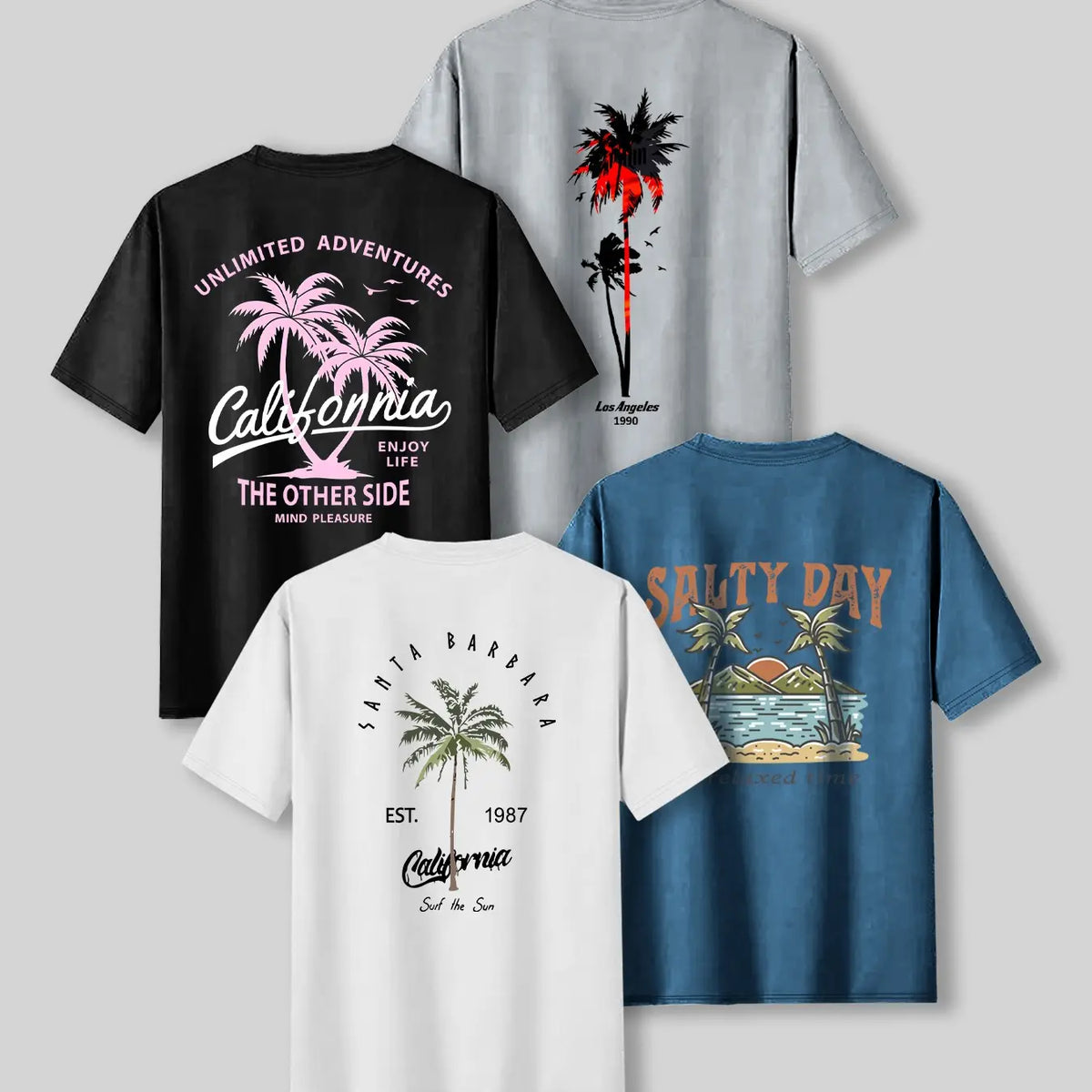 Summer Casual Beach Vibe Style Tropical Coconut Tree Print Top, Unisex Fashion Fitted Casual Graphic Tee T-Shirt Short Sleeve 4-Pack, Comfortable Fit, Perfect for Daily Wear