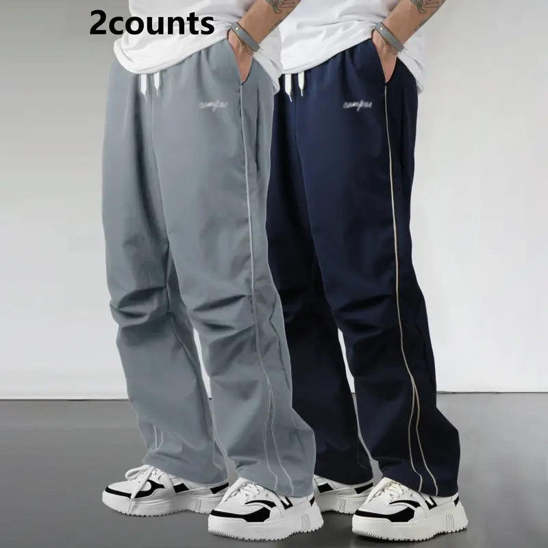 Men's Relaxed Fit Summer Woven Pants - Menswear Sportswear, Lightweight Athletic Fabric, Straight Leg with White Side Stripes, Non-Stretch, Machine Washable 100% Polyester Outdoor Trousers#SummerVibes
