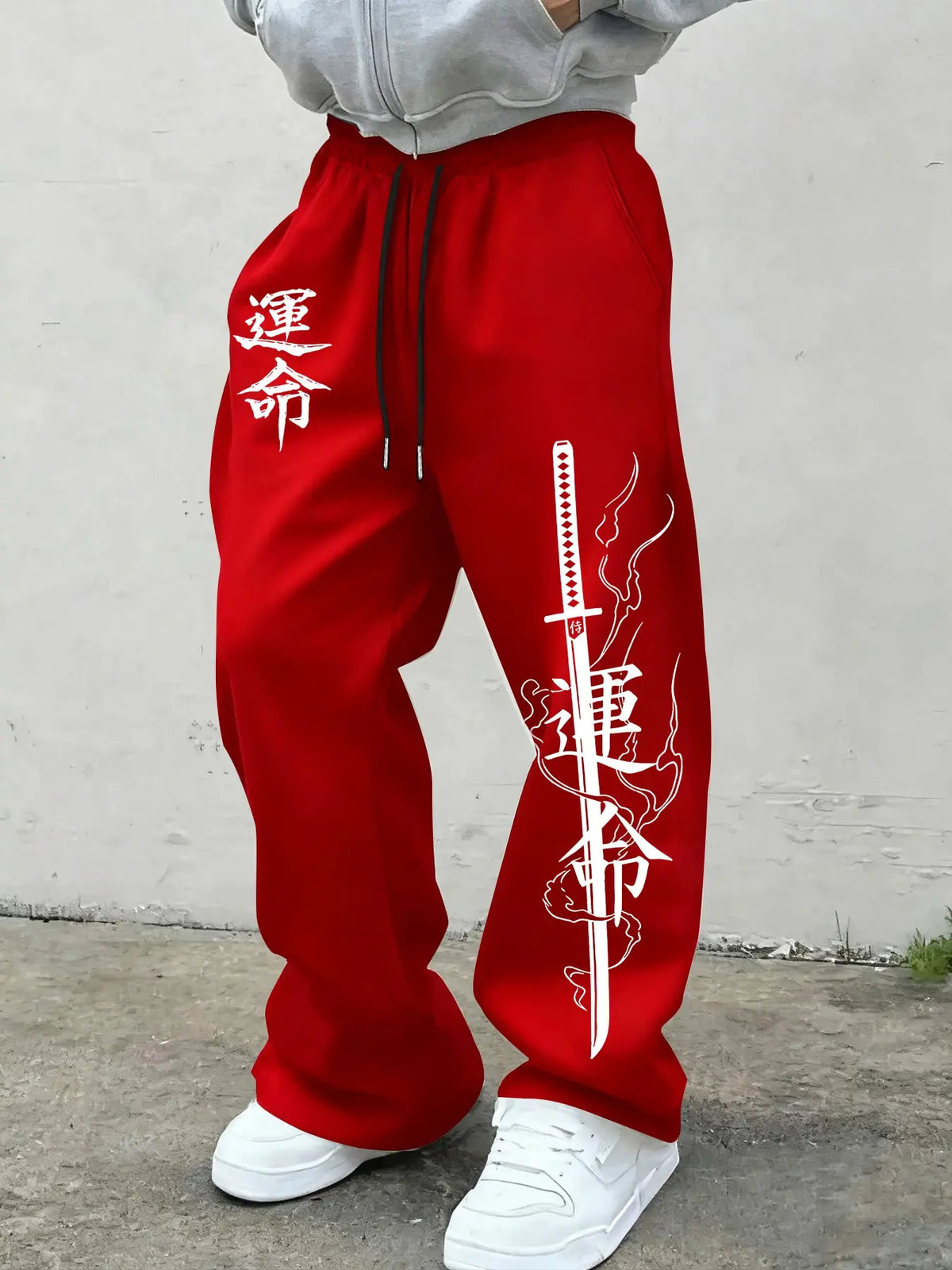 Men's Japanese Unmei Katana Print Wide Leg Sweatpants Bushido Samurai Kanji Baggy Drawstring Joggers Casual Loungewear Pants For Harajuku Street Casual Outfits White Elastic Waist Graphic Loose Fit Baggy Joggers Casual Fit Printed Casual Pants