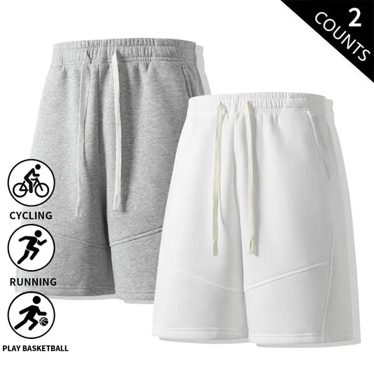 Men's Basic Minimalist Retro 2-Pack Cotton Shorts - Elastic Drawstring, Loose-Fit Comfortable Casual Shorts for Dad's Everyday Wear