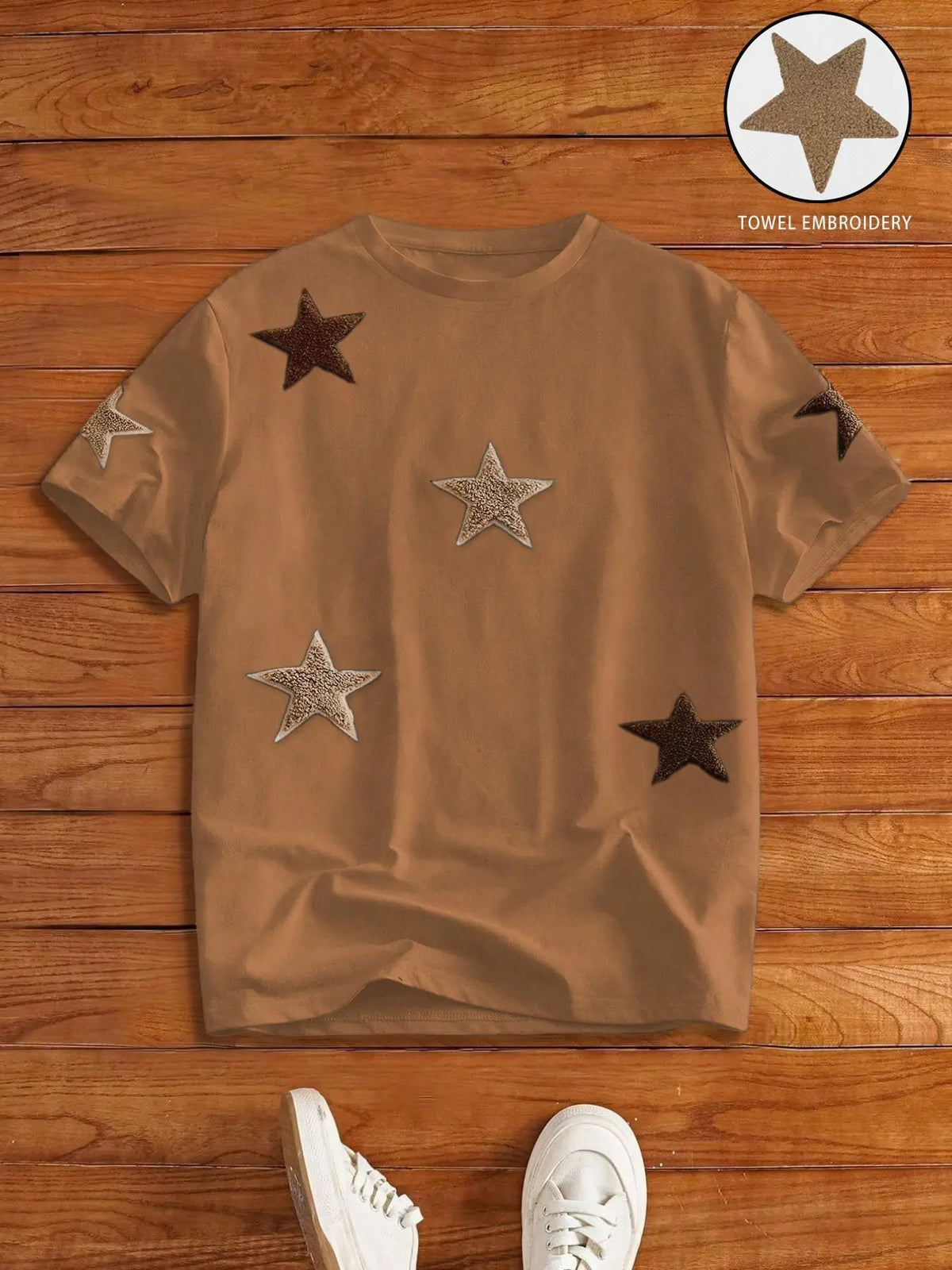 Men's Street Style Star Chenille Embroidery Patch Textured Short Sleeve T-Shirt, Casual Daily Wear, Anniversary Gift, Streetwear Menswear