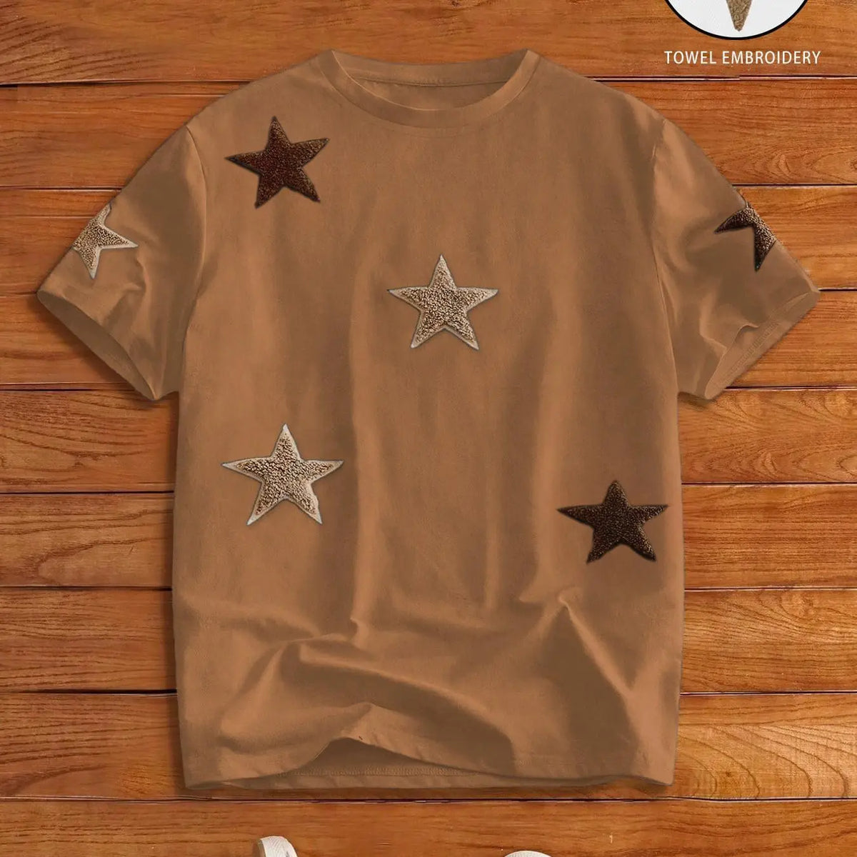Men's Street Style Star Chenille Embroidery Patch Textured Short Sleeve T-Shirt, Casual Daily Wear, Anniversary Gift, Streetwear Menswear