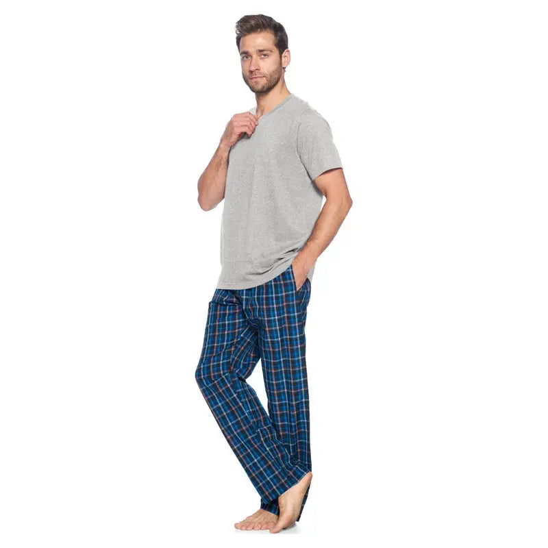 Ashford & Brooks Men's 2-Piece Plaid Detail Pajama Set - Elastic, Cotton Blend, Relaxed Fit, Shrink Resistant, Woven Pants with Side Pockets, Short-Sleeve Soft Cotton Jersey T-Shirt, Breathable Year-Round Sleepwear & Loungewear, Year-Round Wear