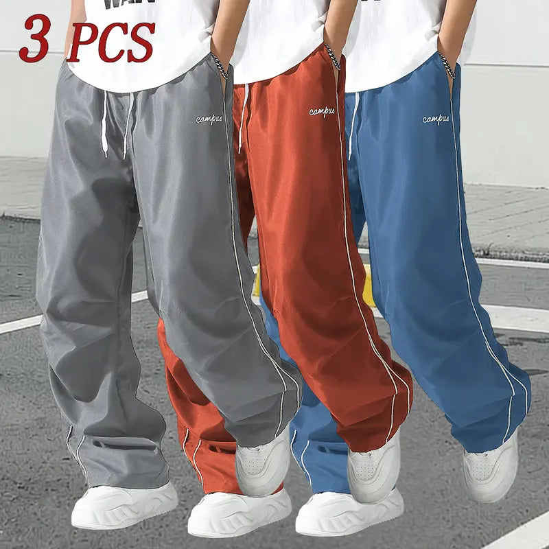 Men's Relaxed Fit Summer Woven Pants - Menswear Sportswear, Lightweight Athletic Fabric, Straight Leg with White Side Stripes, Non-Stretch, Machine Washable 100% Polyester Outdoor Trousers#SummerVibes
